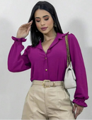 Camisa Social Feminina em Tecido Duna com Botões e Manga Longa Lastex