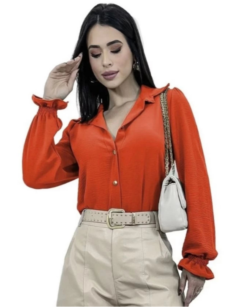 Camisa Social Feminina em Tecido Duna com Botões e Manga Longa Lastex