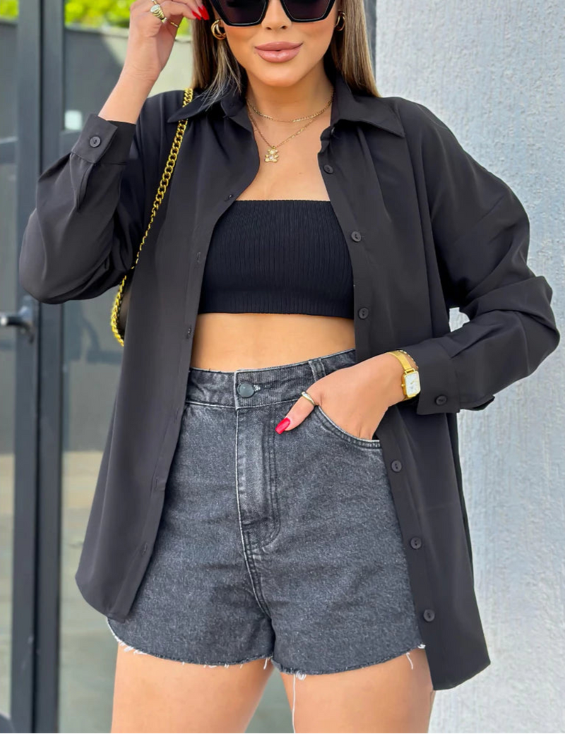 Camisa Feminina Manga Longa Alfaiataria Botão Frontal Modelo Solto