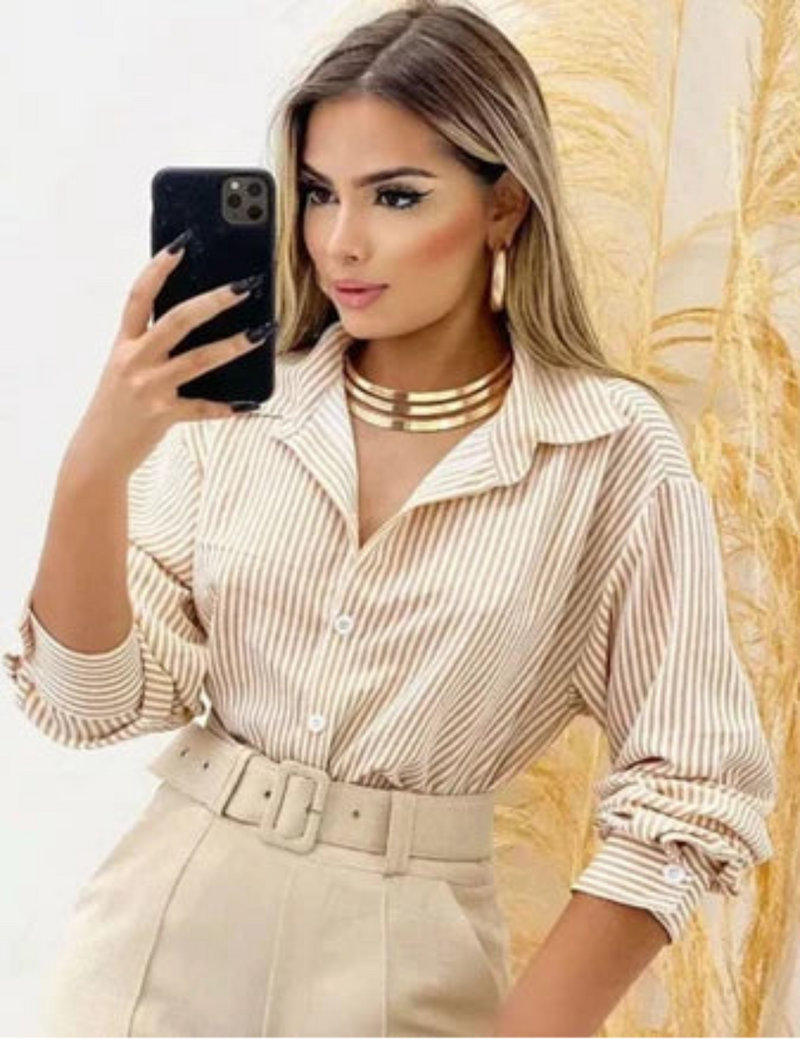 Camisa Social Feminina Manga Longa Listrada com Botão Estilo Fashion