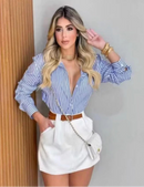 Camisa Social Feminina Manga Longa Listrada com Botão Estilo Fashion